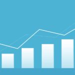 Stability in uncertain times Drawing of a man holding a pair of binoculars looking up at chart showing growth.