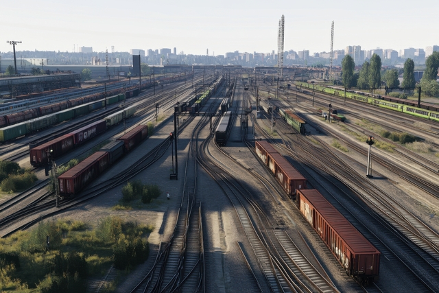 An aerial view of a rail yard with many trains on tracks.