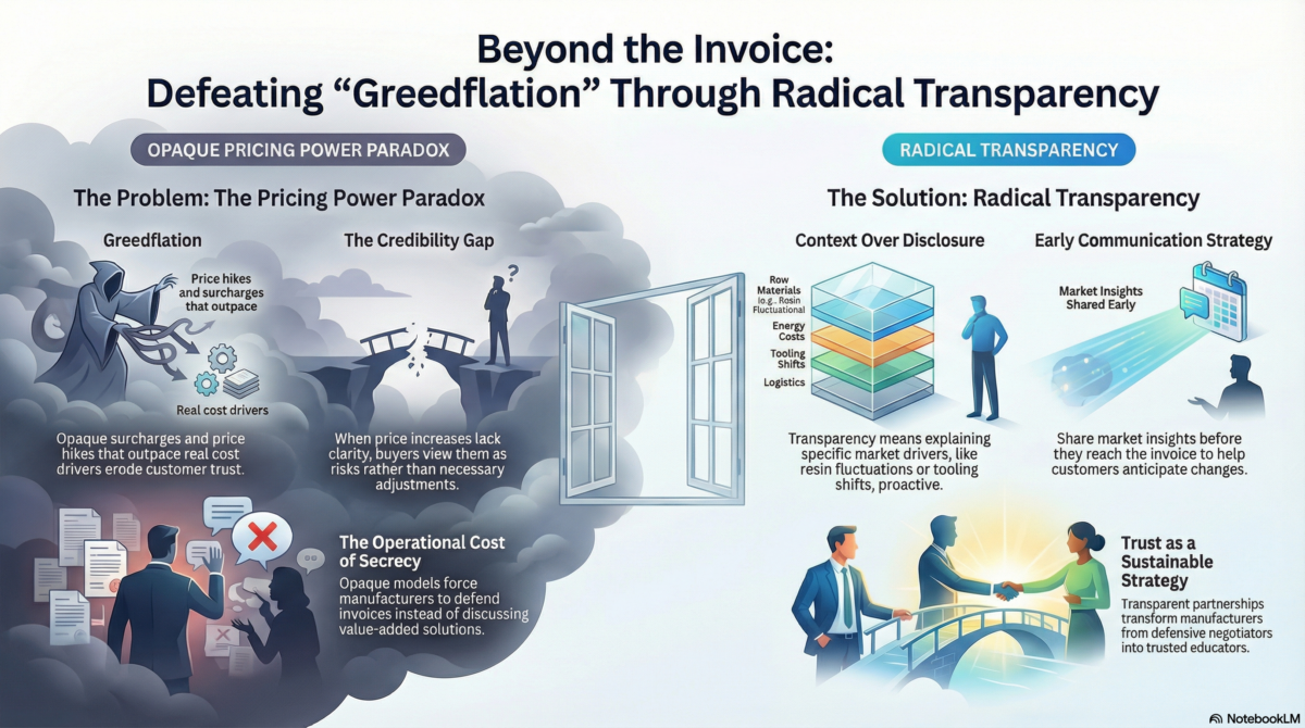 Infographic depicting how radical transparency is the antidote for "greedflation"