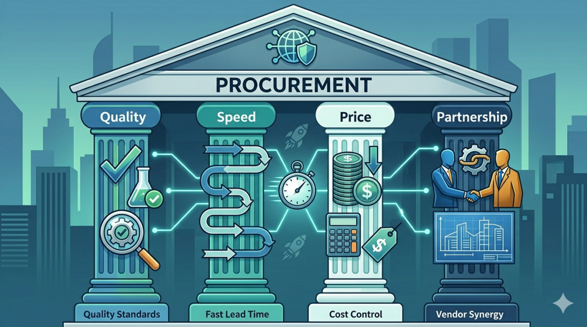 Image depicting quality, speed, price and partnership as the 4 pillars of procurement.